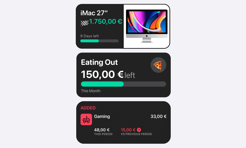 MoneyCoach-Widgets für ein Sparziel und ein Budget und eine Live-Aktivität nach einer neuen Buchung