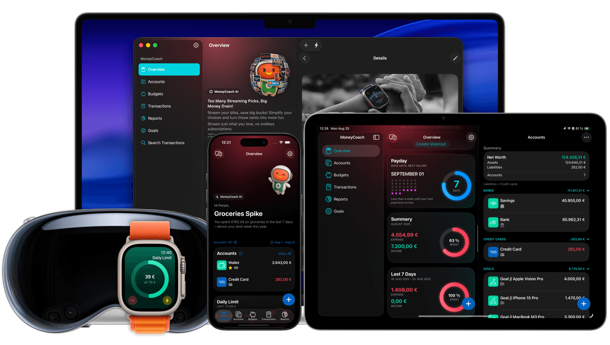MoneyCoach budgeting across iPhone, iPad, Mac, Apple Watch, and Apple Vision Pro