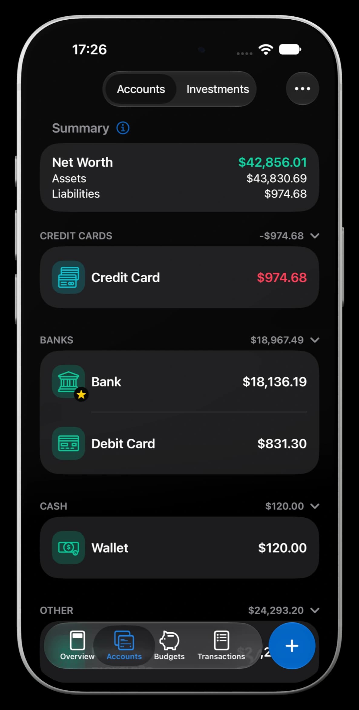 MoneyCoach Accounts with example data