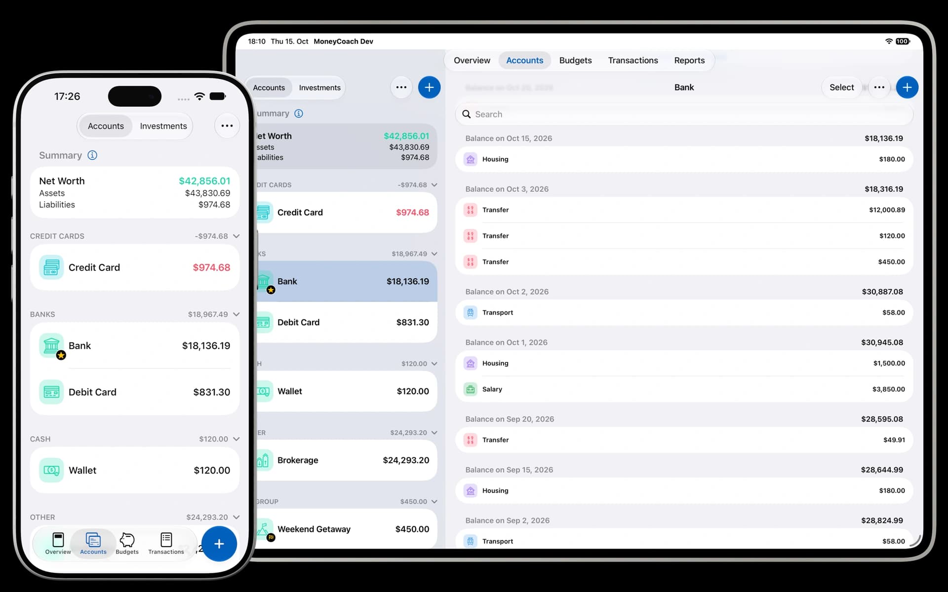 MoneyCoach account overview on iPhone and iPad