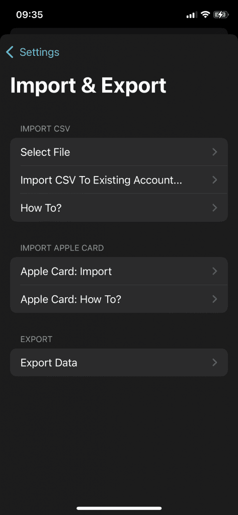 CSV import entry point in Settings > Import & Export