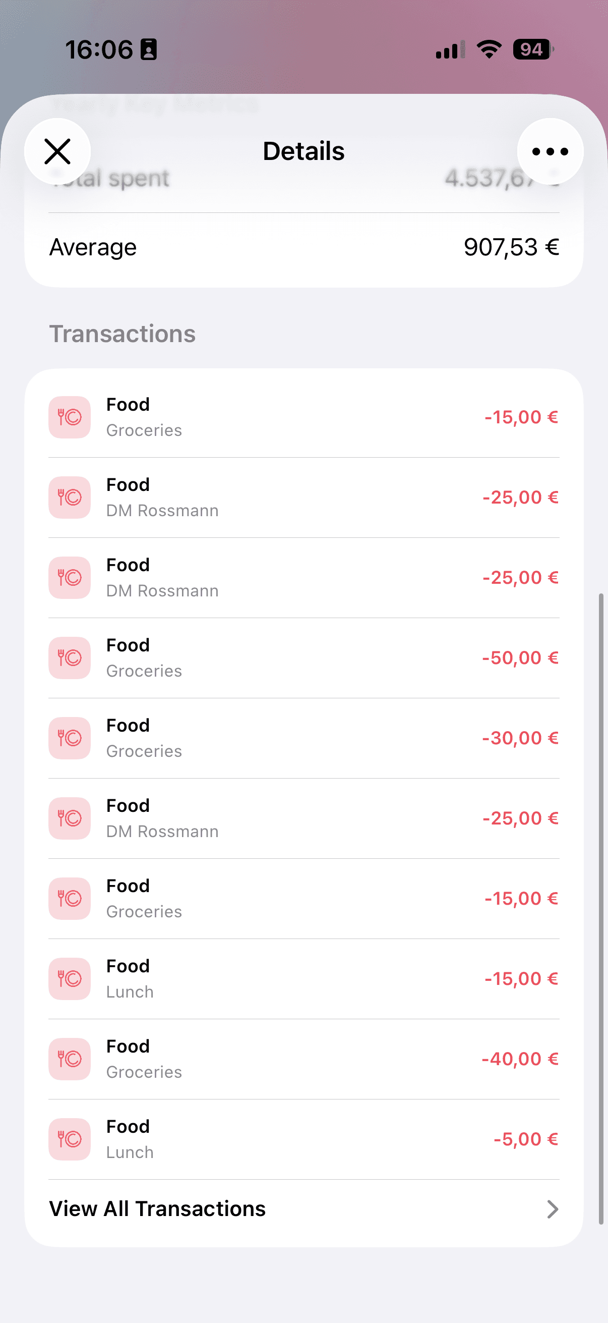 MoneyCoach Category Budget transaction list with View All Transactions