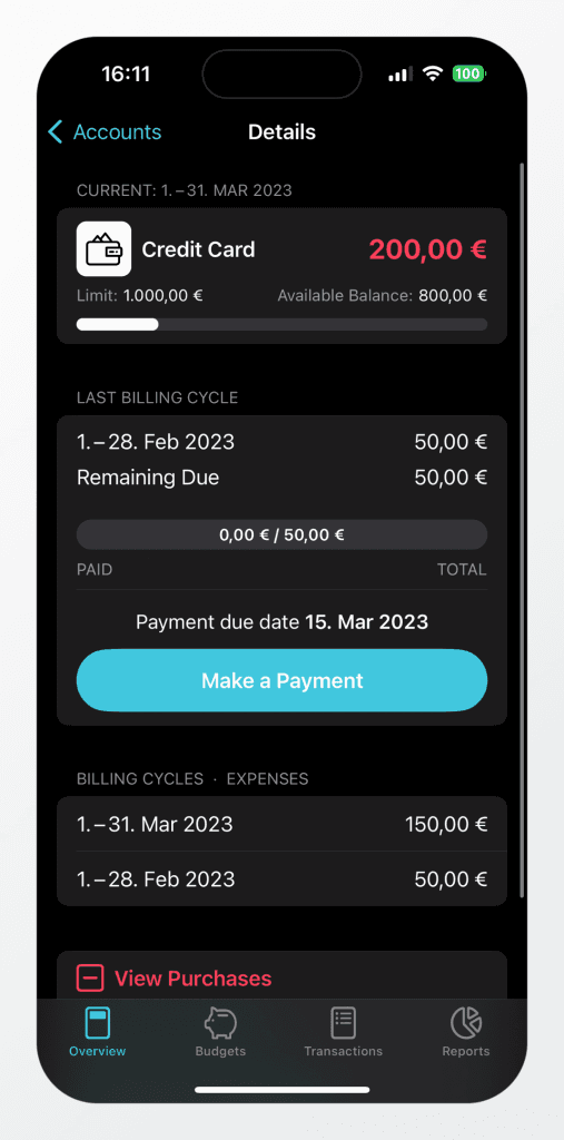 Credit card details in MoneyCoach