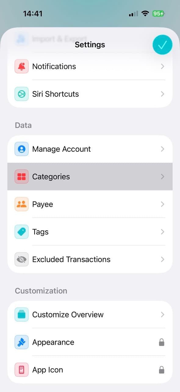 Manage categories screen step 1