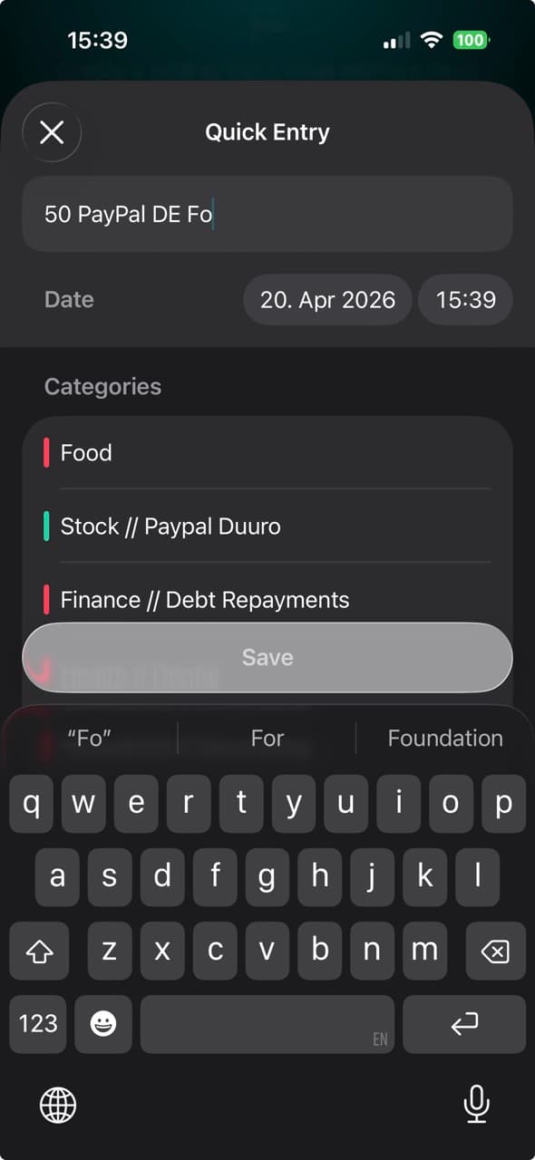 MoneyCoach Quick Entry screen for fast transaction capture