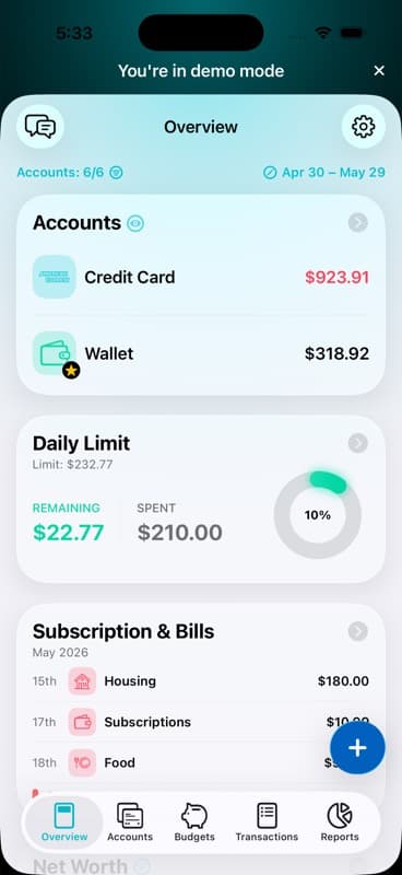 MoneyCoach Overview showing balances and upcoming bills