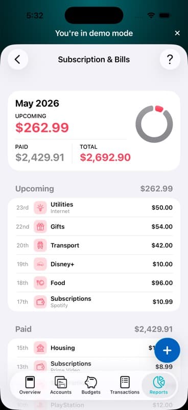MoneyCoach Subscription & Bills screen showing upcoming future-dated bills