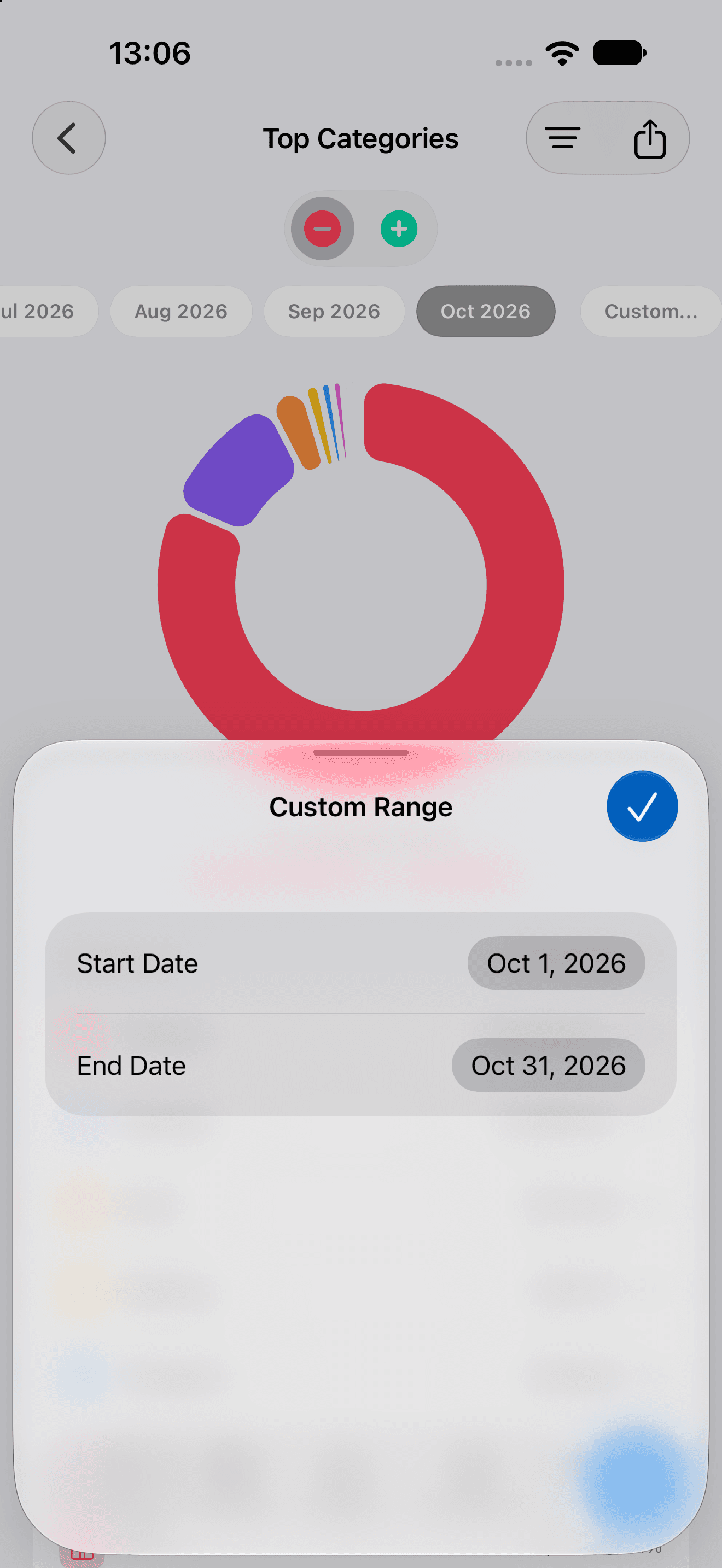 The Custom Range sheet with Start Date and End Date controls for a monthly expense report.