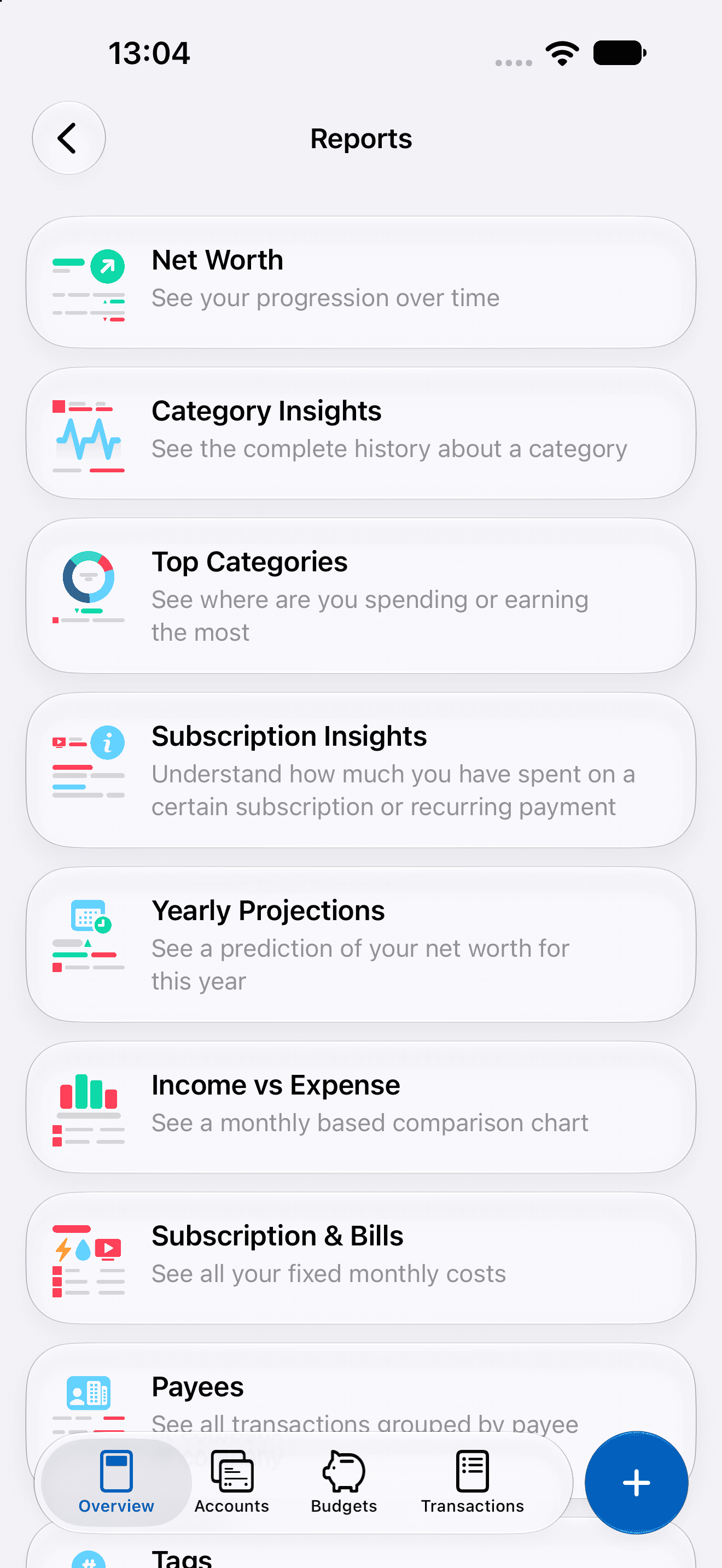 The MoneyCoach Reports list with Top Categories among the available reports.