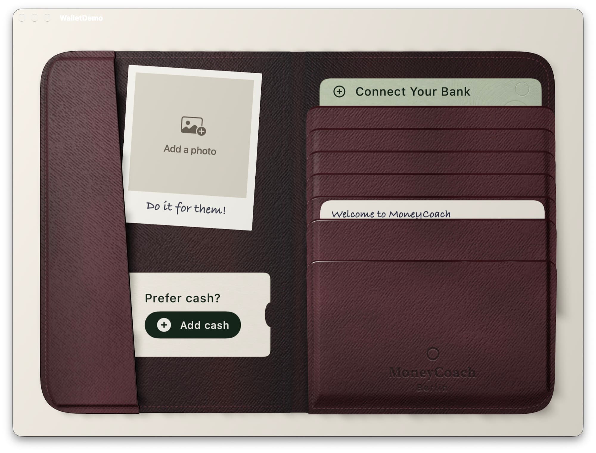 The wallet with seven card pockets, a photo and a cash card