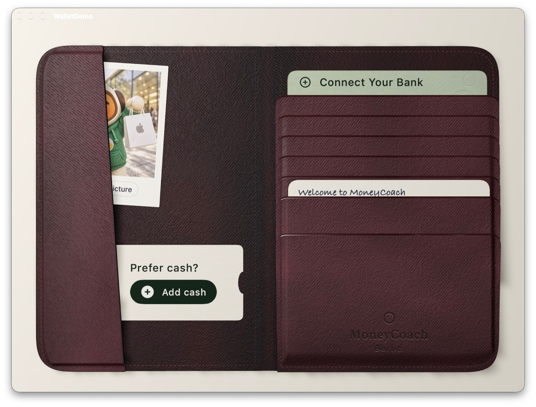 The MoneyCoach wallet open, with a photo in the left pocket and seven card pockets on the right
