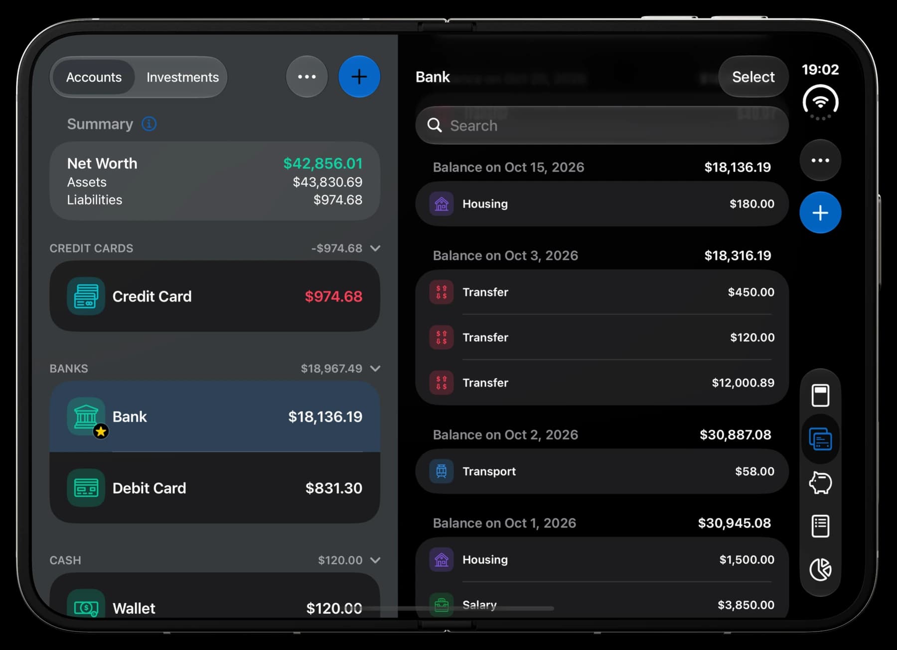 MoneyCoach's accounts and transaction list side by side inside an unfolded iPhone Duo device frame