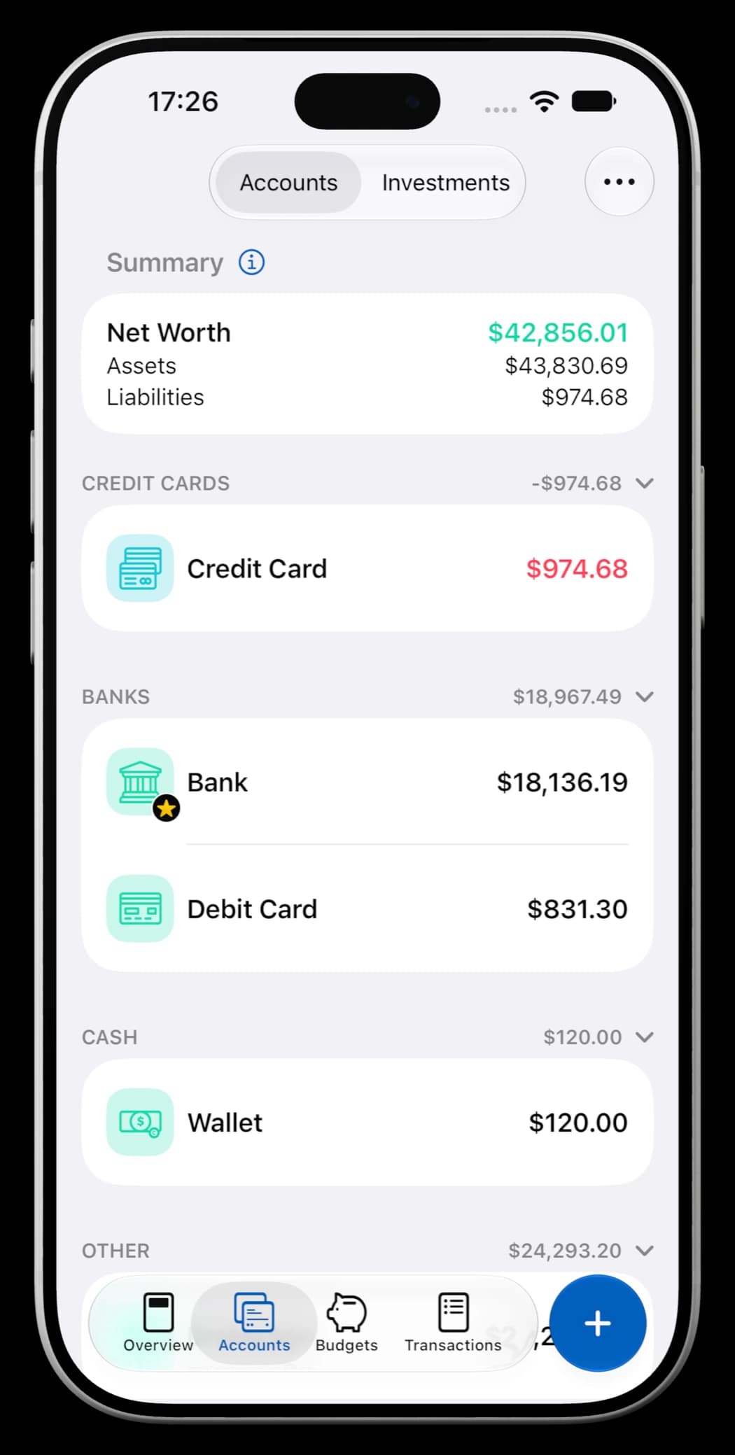 MoneyCoach Accounts on iPhone, showing net worth, credit cards, bank accounts, and cash