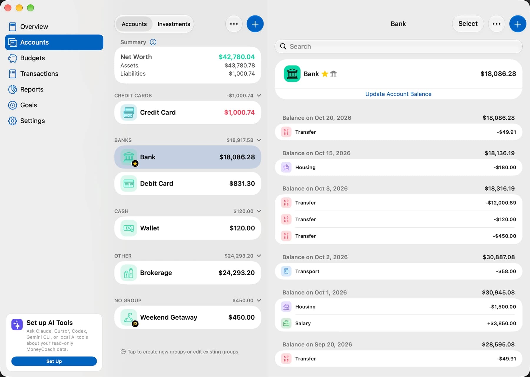 Redesigned MoneyCoach Mac app with a navigation sidebar, account summaries, and bank transactions side by side