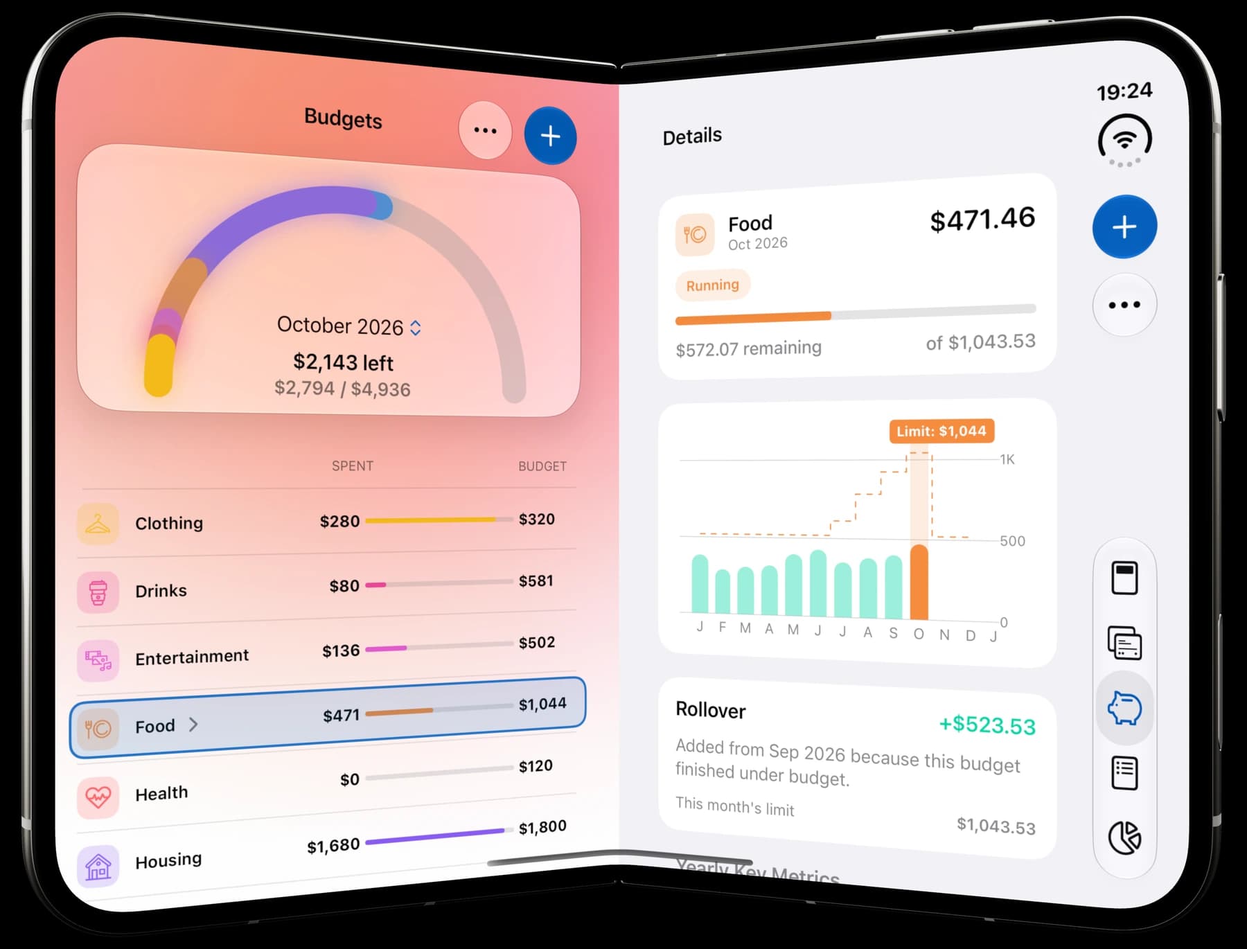 MoneyCoach budgets on a partially folded iPhone Duo, with category limits, spending history, and rollover details