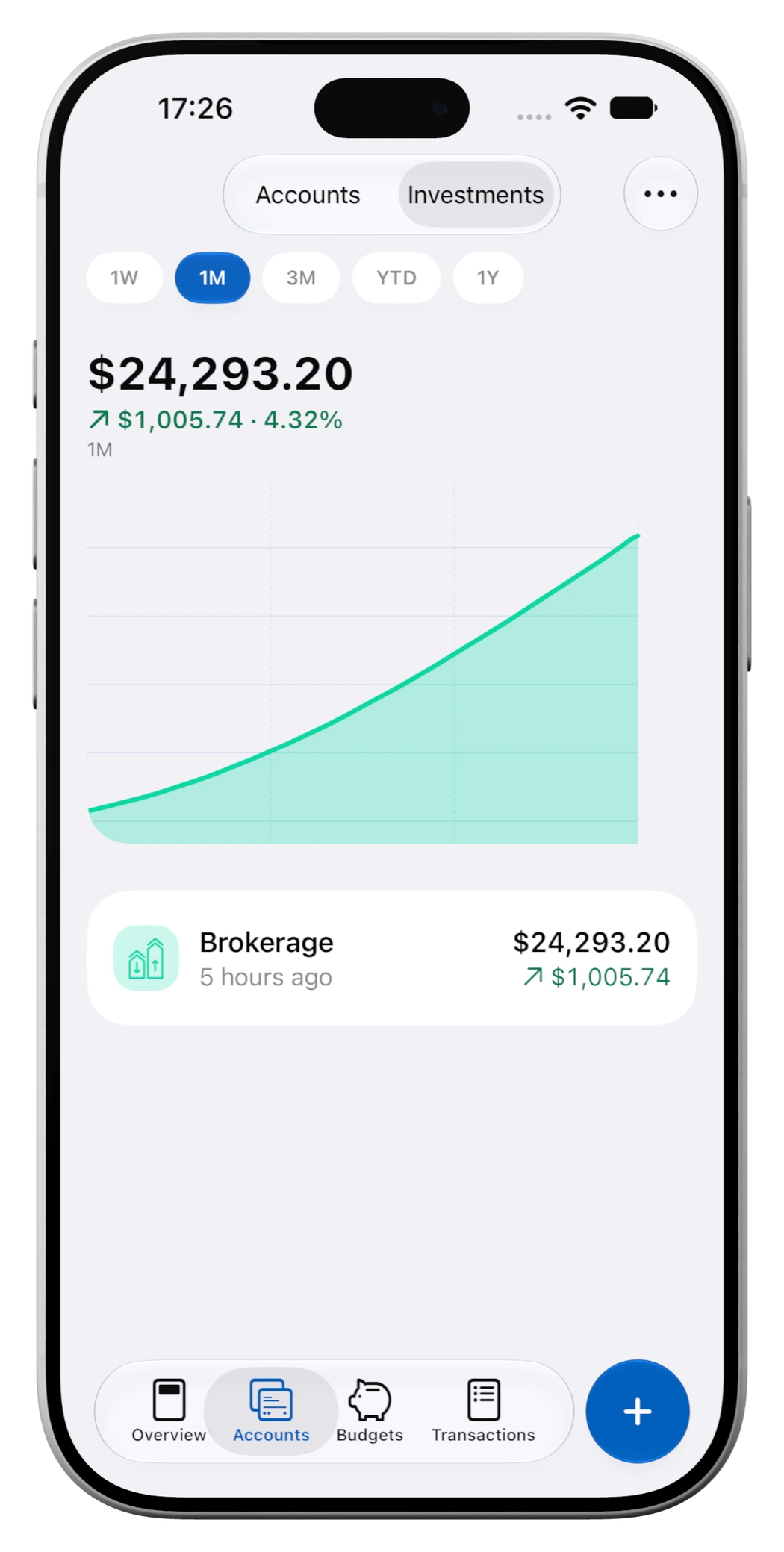 MoneyCoach Investments on iPhone, showing a portfolio chart and brokerage account