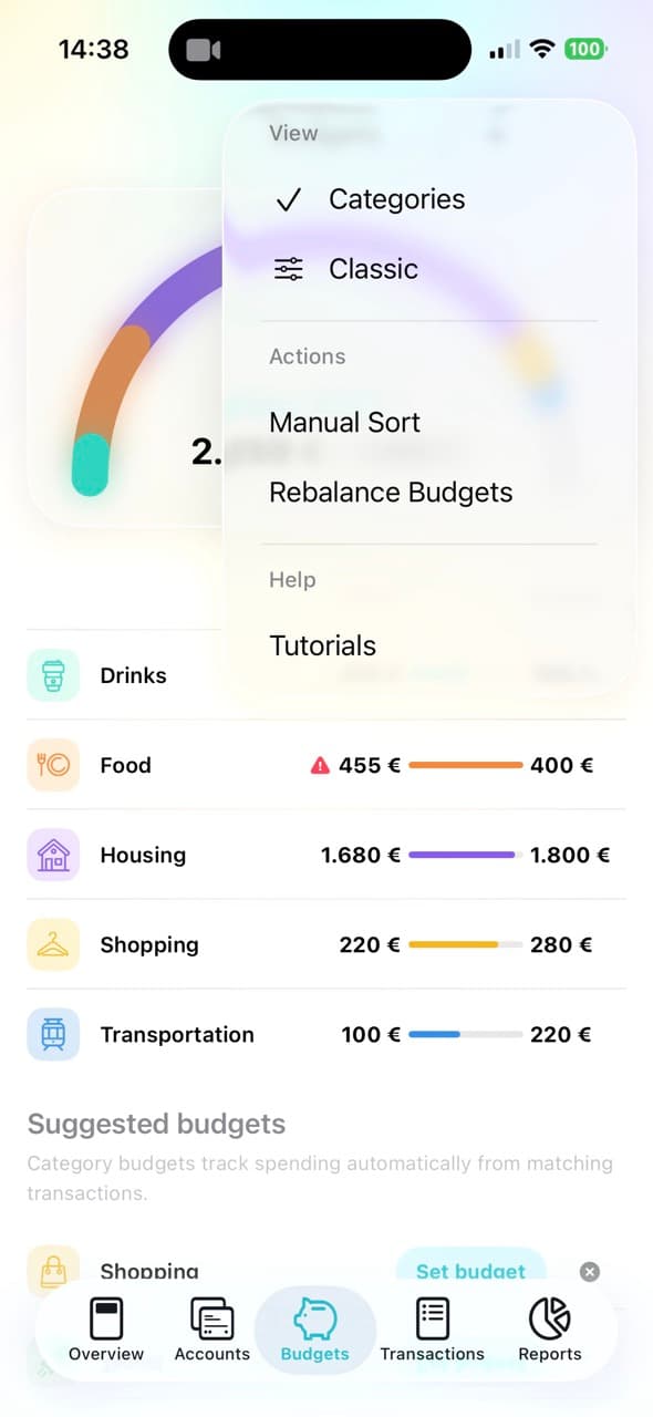 MoneyCoach Rebalance Budgets preview screen