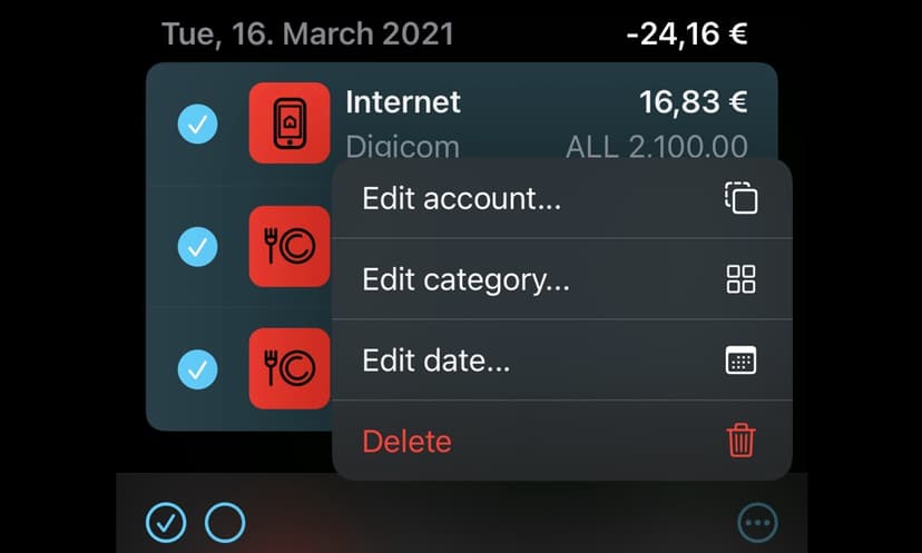 Wähle mehrere Transaktionen aus, um sie schnell zu bearbeiten. Du kannst sie schnell löschen, das Datum ändern, das Konto wechseln und sogar die Kategorie auf einen Schlag ändern.