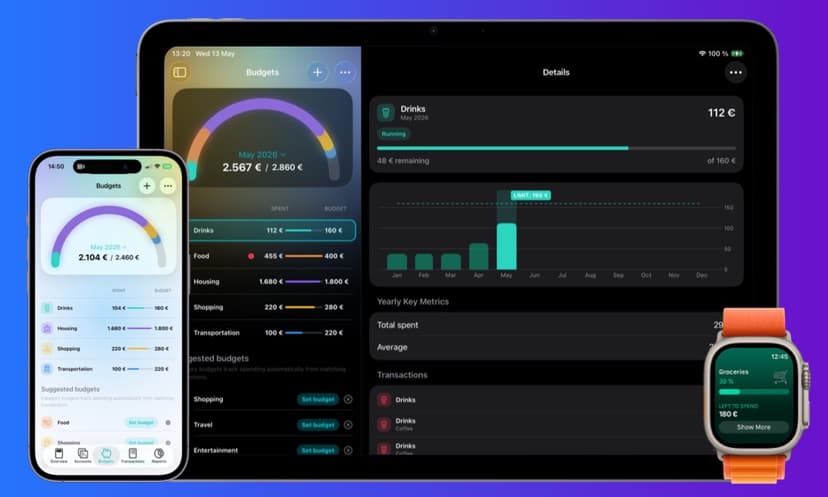Create monthly budgets for real spending categories and subcategories, then adjust them with top-ups, transfers, rollover, and rebalancing.