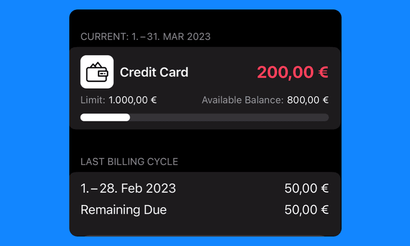 Verfolge und verwalte deine Kreditkartenkonten. Richte Zahlungserinnerungen ein, damit du nie Kartenzinsen zahlen musst und vieles mehr.