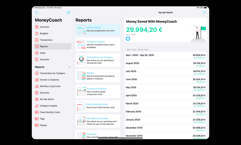 Understand where your money goes with the help of the detailed reports. Filter which accounts you want to see or hide those you don't want.