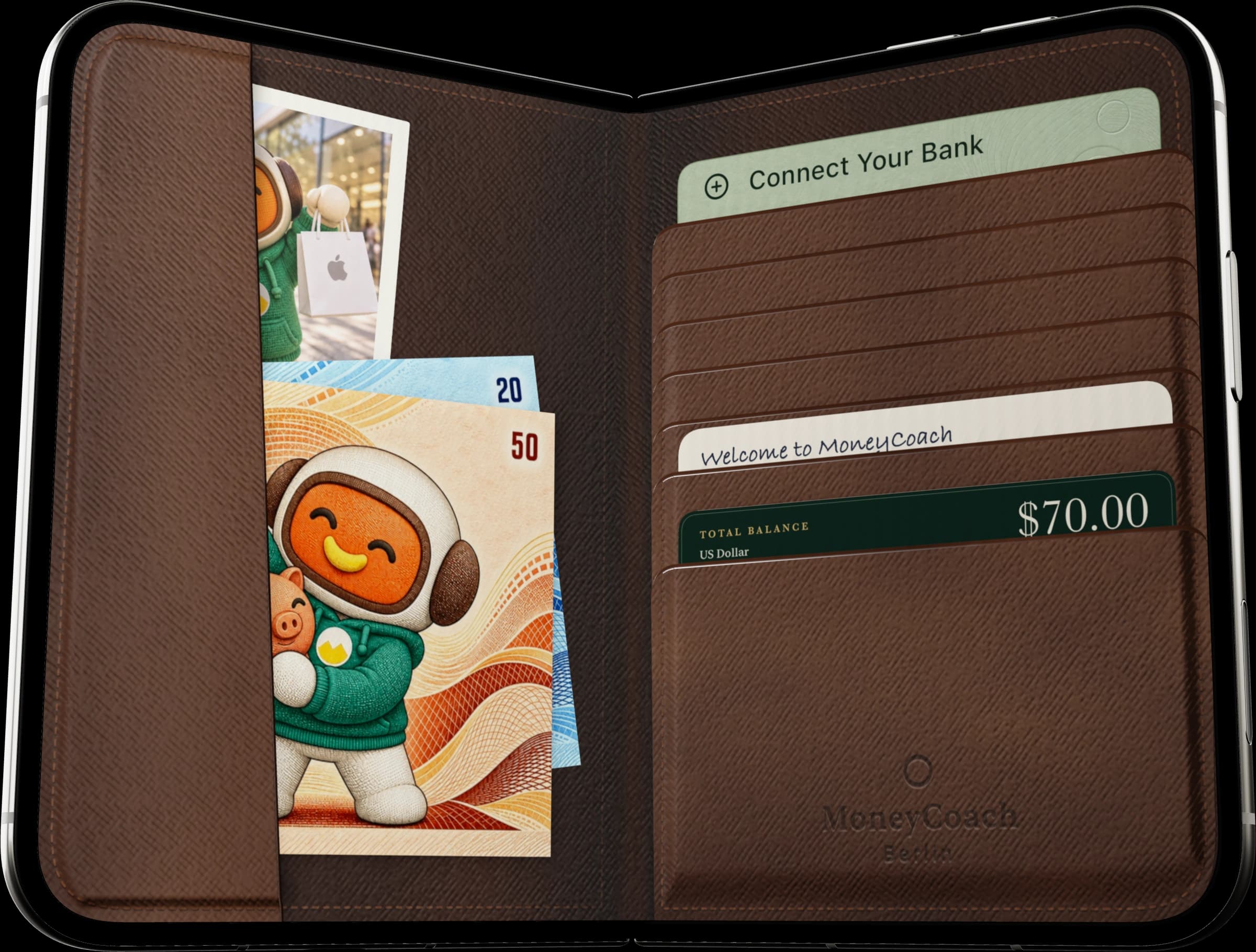 MoneyCoach Wallet on an open iPhone Duo, with leather card pockets, a cash balance card, and Moco banknotes