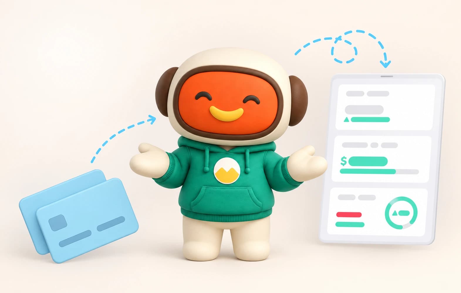 Moco in a teal hoodie beside payment cards and an illustrated finance dashboard