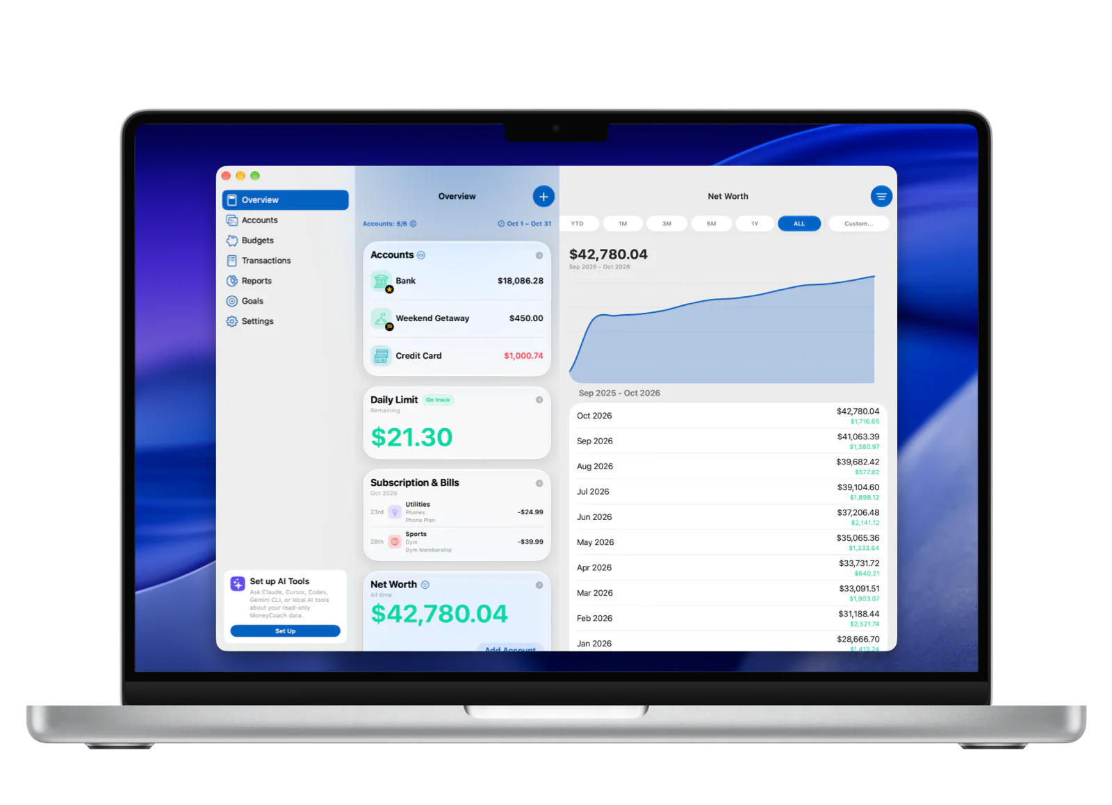 MoneyCoach on a MacBook showing accounts and the Net Worth report