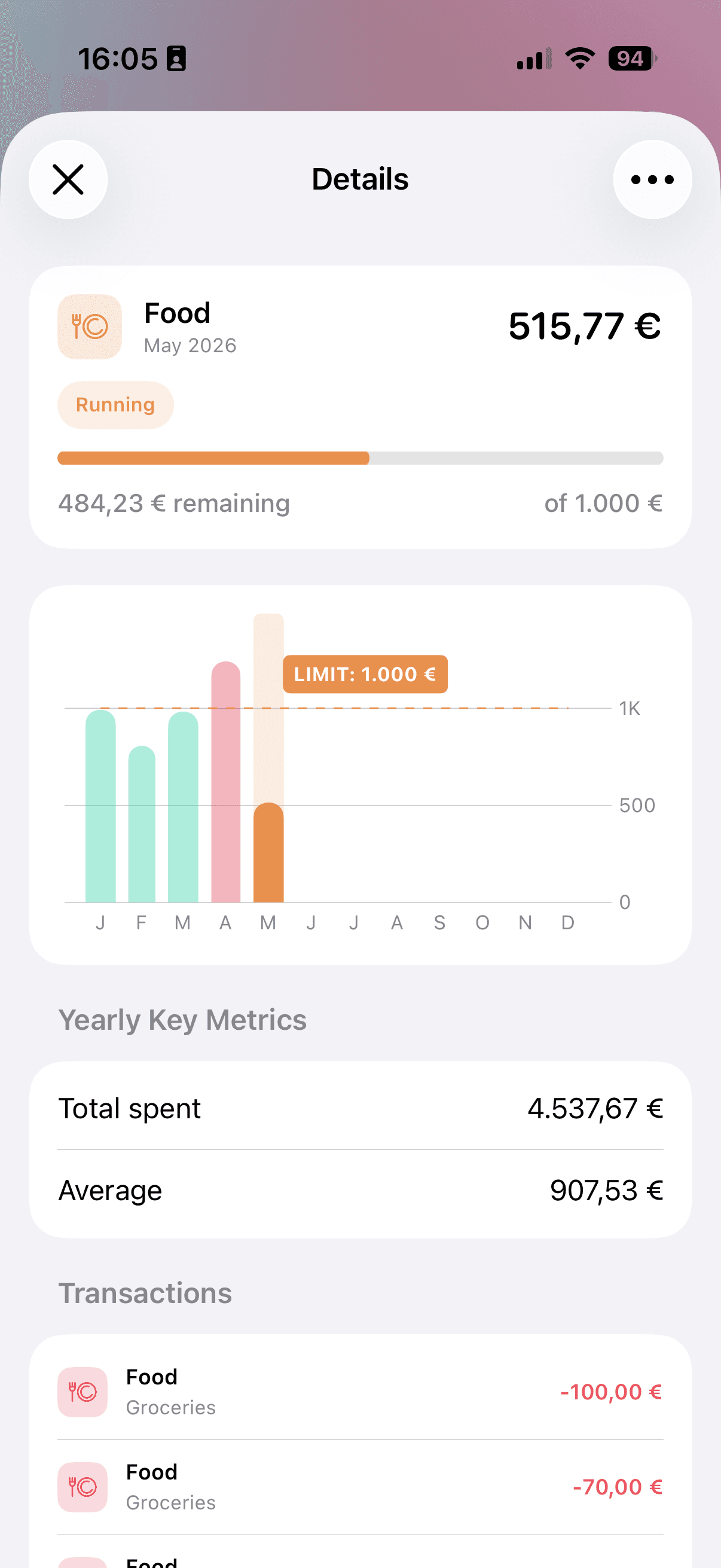 MoneyCoach running Category Budget details screen