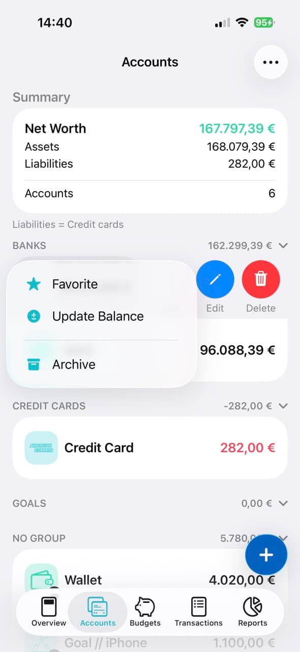 Favorite account action in MoneyCoach