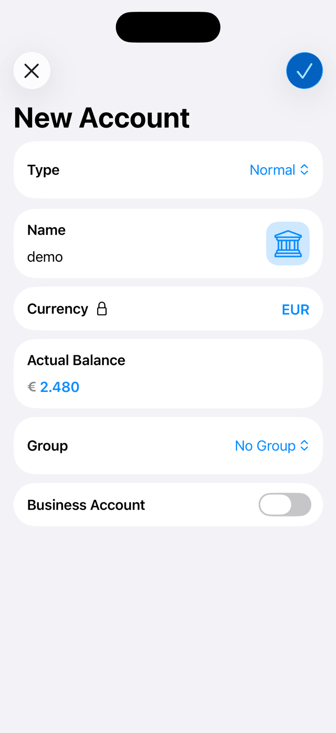MoneyCoach manual account entry screen
