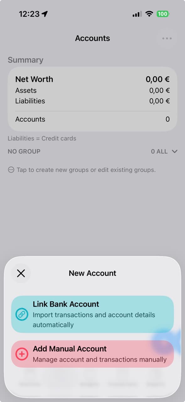 MoneyCoach new account type picker