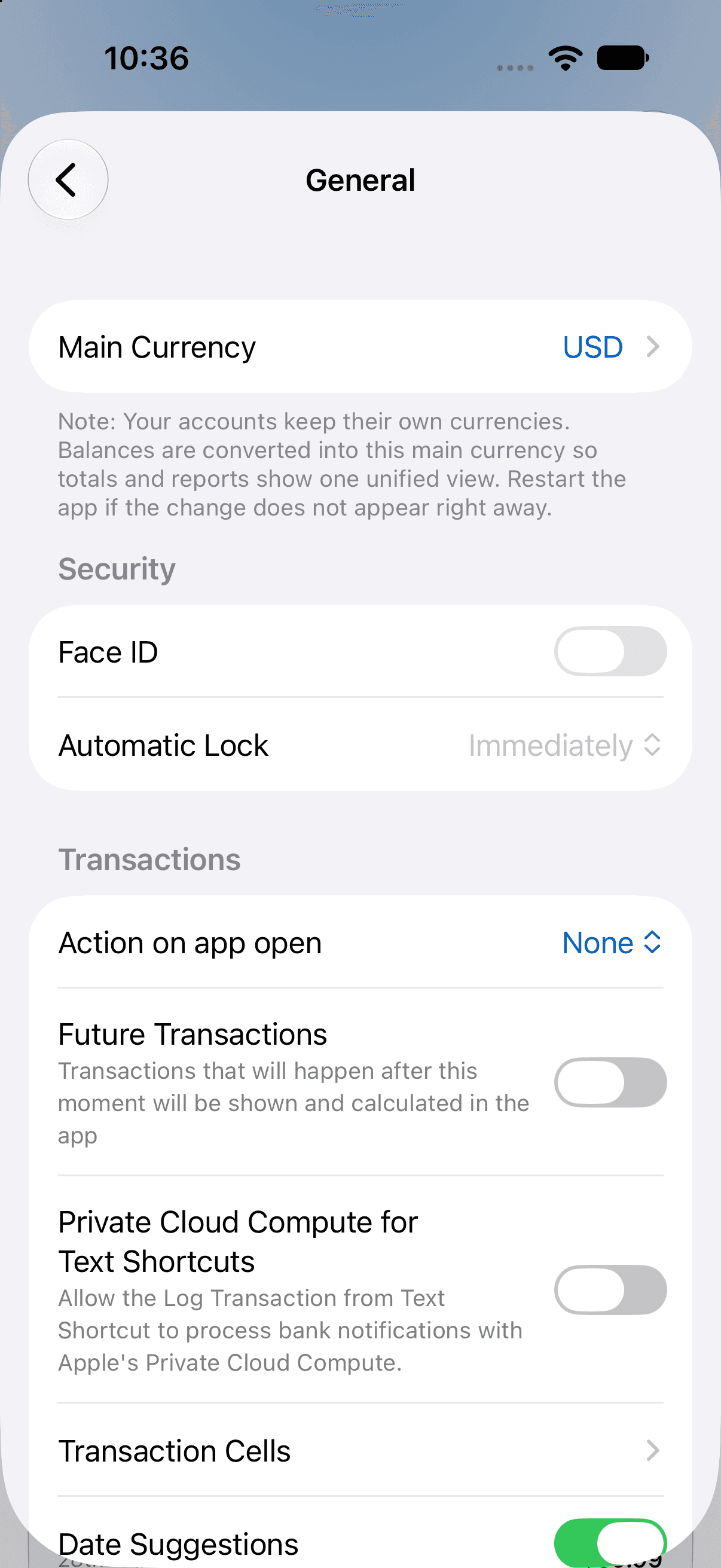 MoneyCoach General settings with the Transaction Cells entry in the Transactions section.