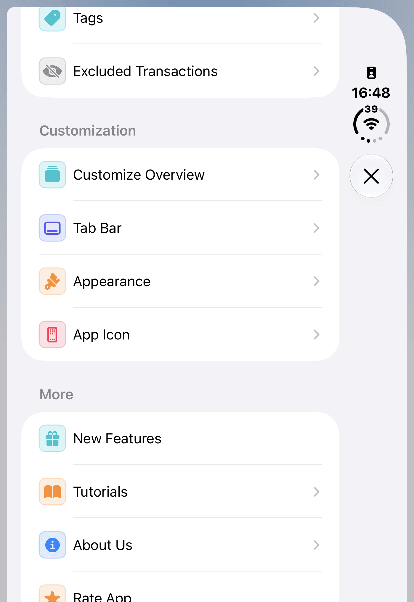 The Tab Bar setting in the Customization section of MoneyCoach Settings.