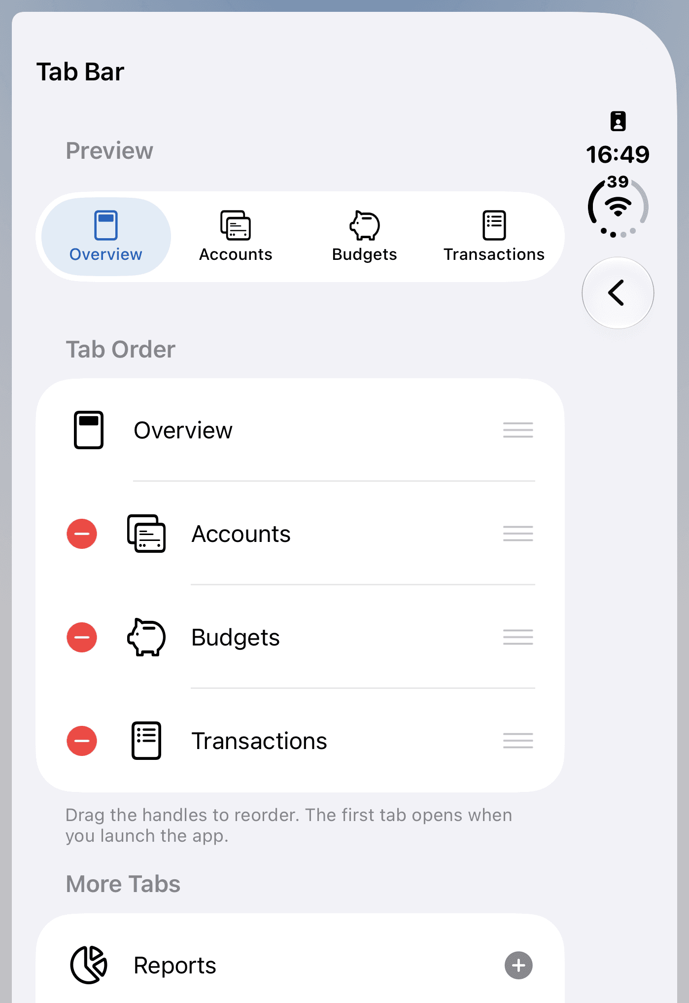 The Tab Bar screen with four selected tabs and Reports under More Tabs.