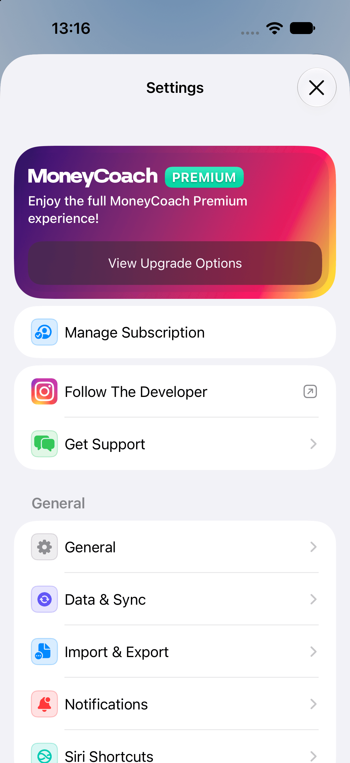 MoneyCoach Settings with Premium and View Upgrade Options.