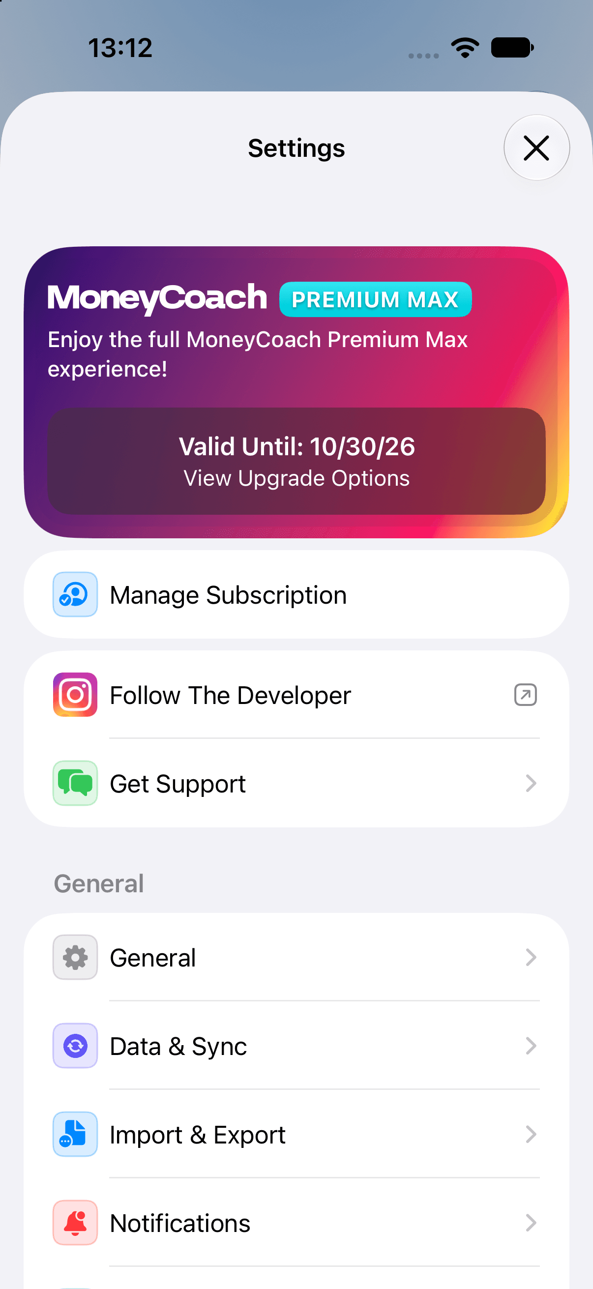 MoneyCoach Settings with Premium Max access active.