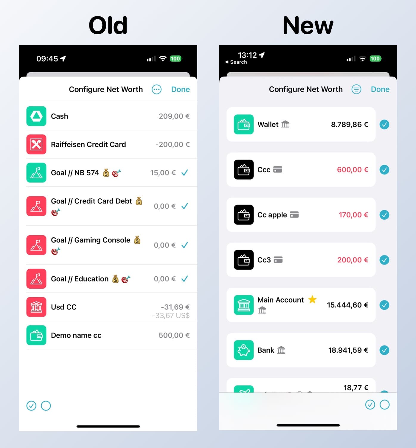 Image: Moneycoach old new account cells