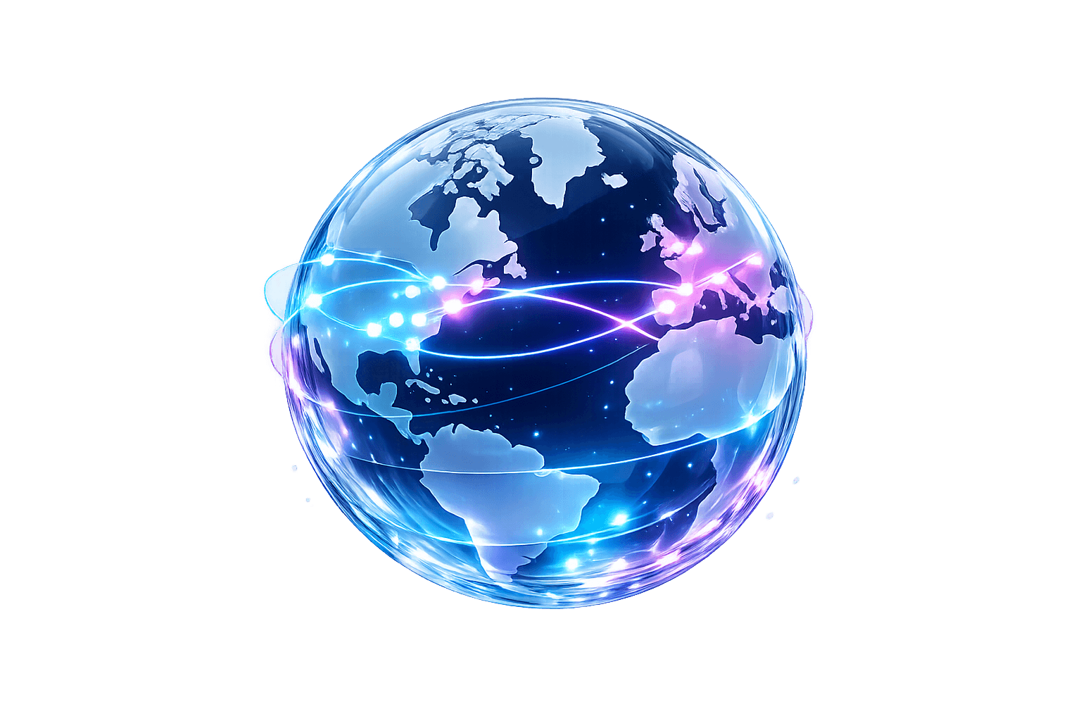 Glassy 3D world map showing online banking expansion paths across Europe and the United States