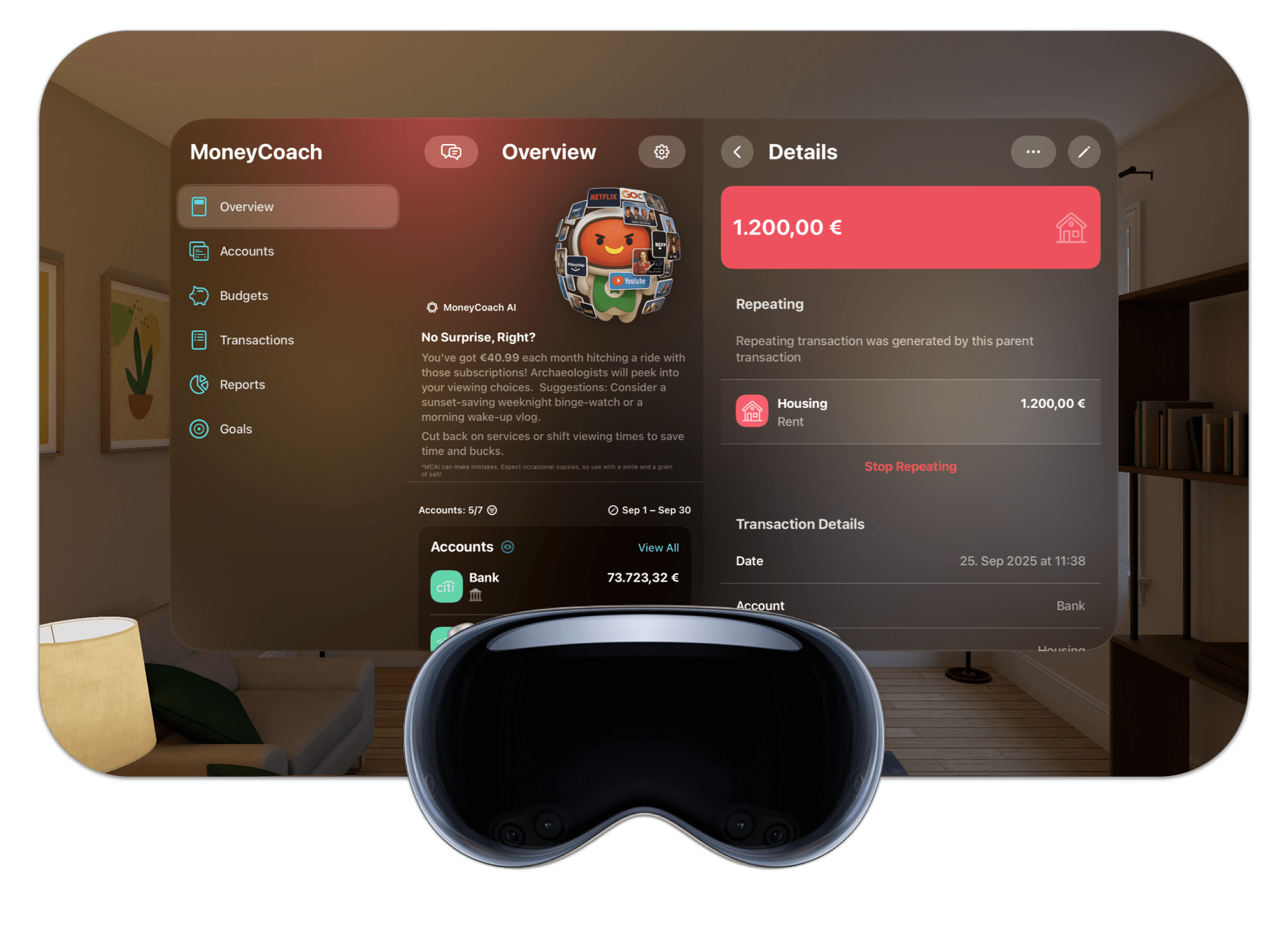 MoneyCoach financial overview window on Apple Vision Pro