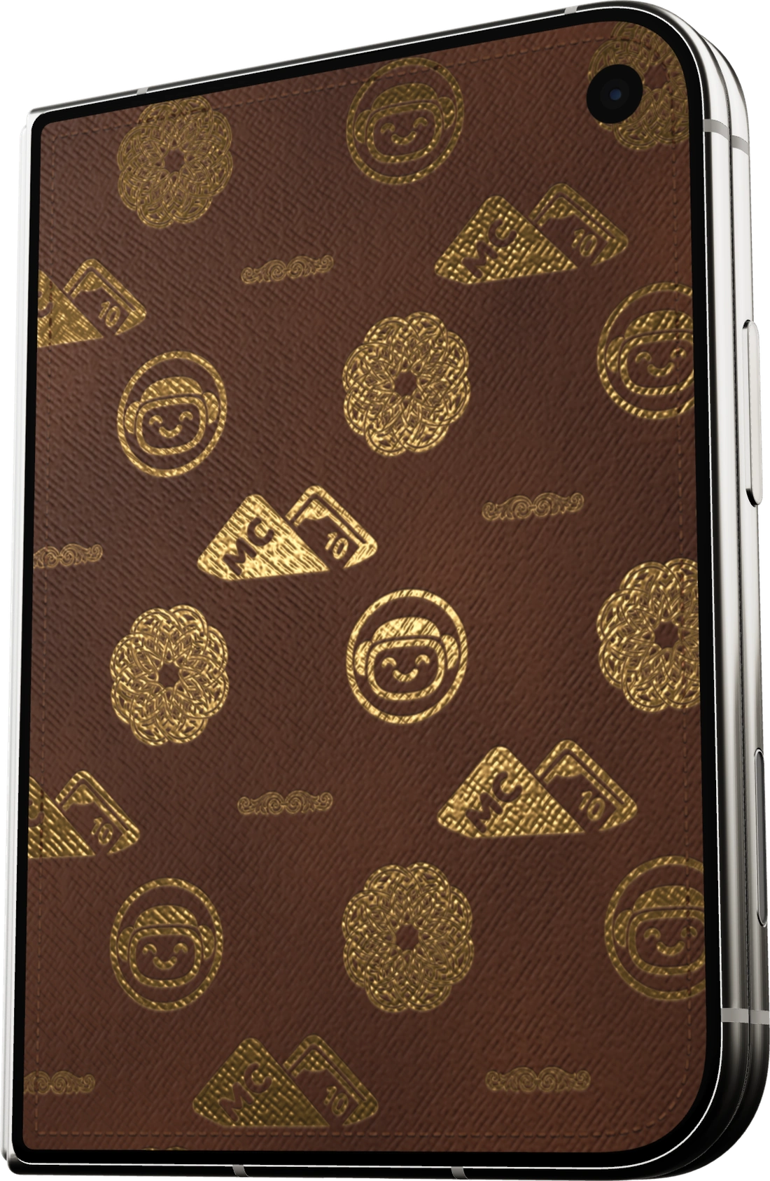 MoneyCoach Wallet cover on a closed iPhone Duo, with a gold-pattern design