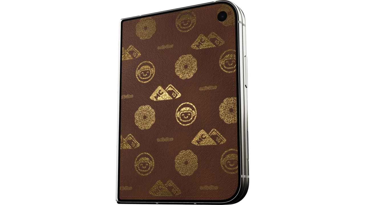 MoneyCoach Wallet cover on a closed iPhone Duo, with a gold-pattern design