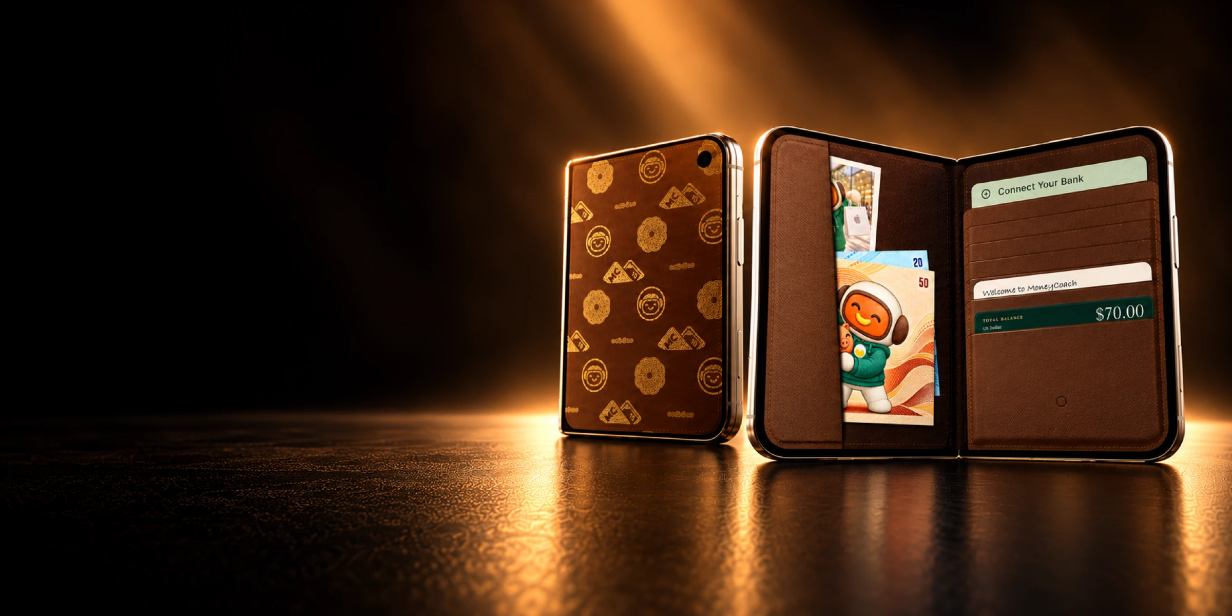 MoneyCoach Wallet on closed and open iPhone Duo devices, with gold-patterned leather, a photo, illustrated cash and a sample balance