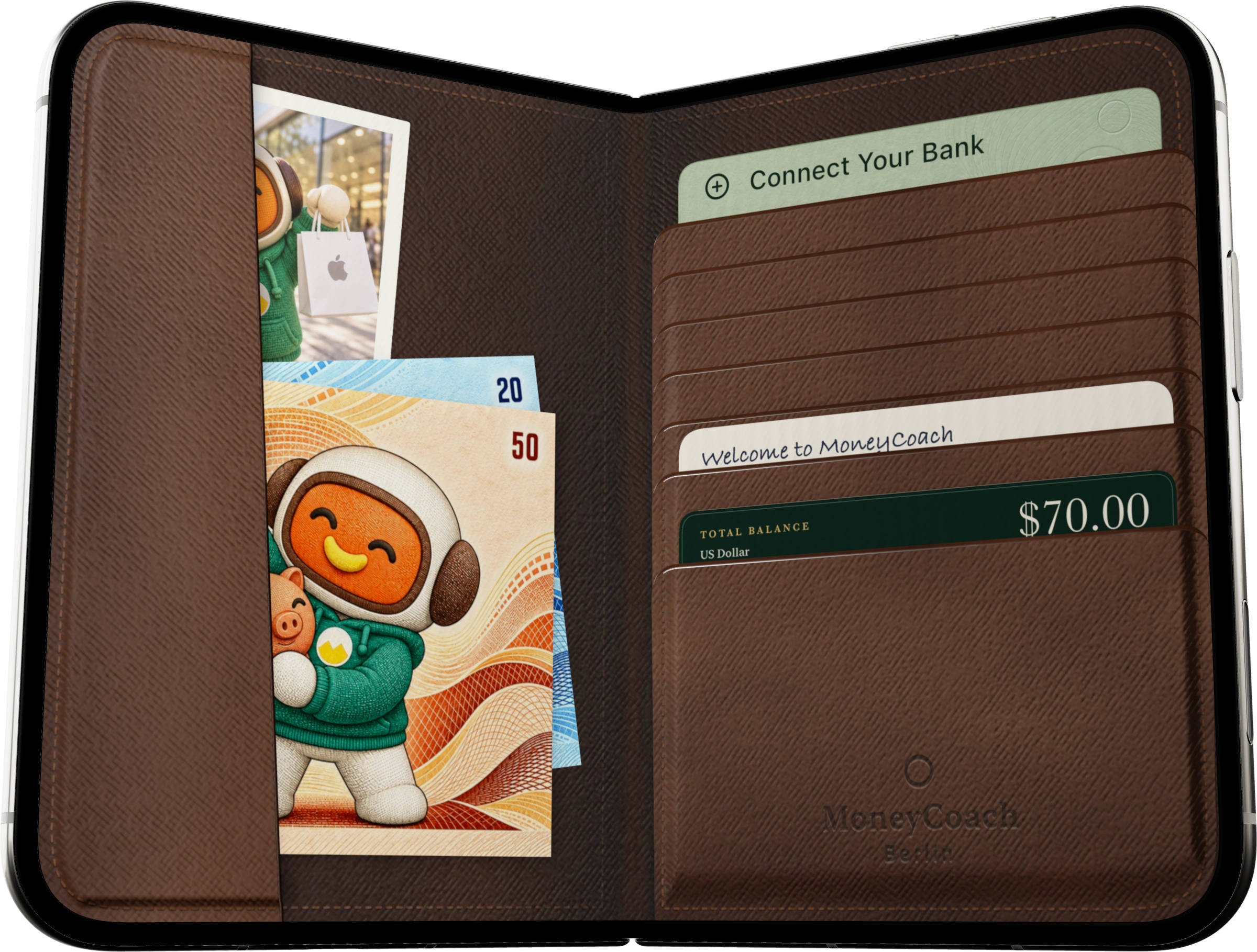 MoneyCoach Wallet on an open iPhone Duo, with a photo, illustrated cash and sample balance
